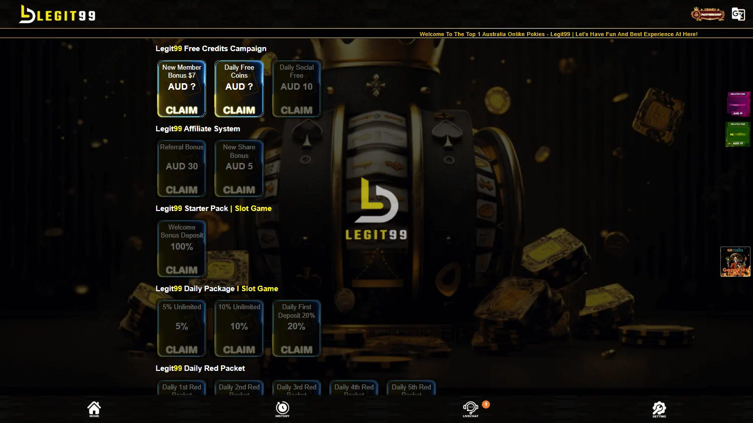 Legit99 Casino desktop promotions area showing welcome, loyalty and promotional rewards