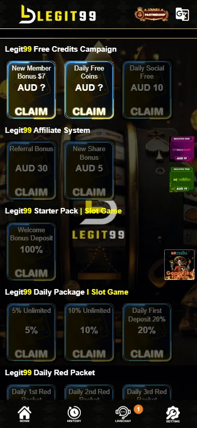 Legit99 Casino mobile promotions area with welcome and loyalty offers