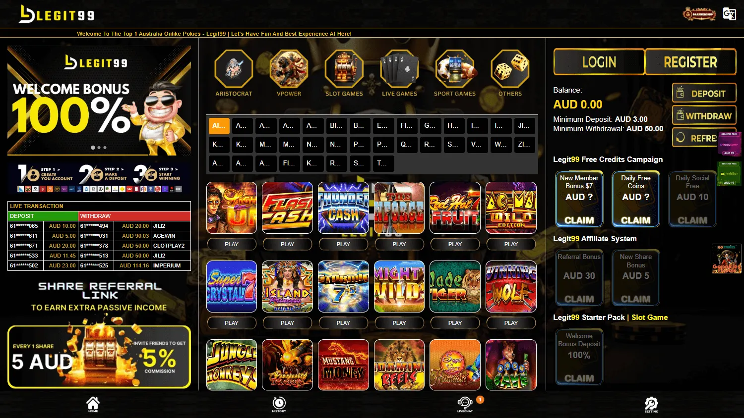 Legit99 Casino desktop home screen with casino offers and AUD-focused information
