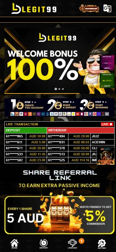 Legit99 Casino mobile browser home screen for iOS and Android devices